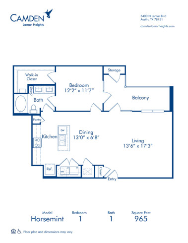 Blueprint of Horsemint Floor Plan, 1 Bedroom and 1 Bathroom at Camden Lamar Heights Apartments in Austin, TX
