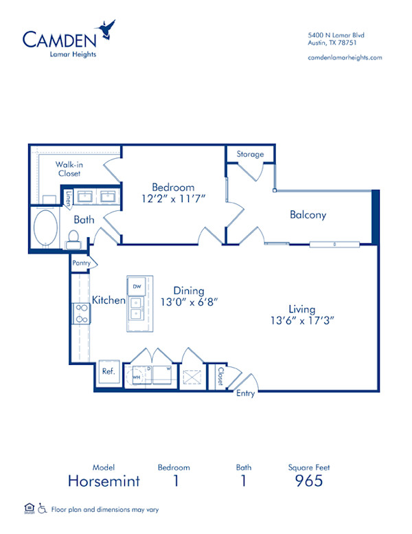 Blueprint of Horsemint Floor Plan, 1 Bedroom and 1 Bathroom at Camden Lamar Heights Apartments in Austin, TX