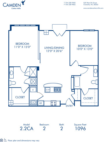 Blueprint of 2.2CA Floor Plan, 2 Bedrooms and 2 Bathrooms at Camden Cotton Mills Apartments in Charlotte, NC