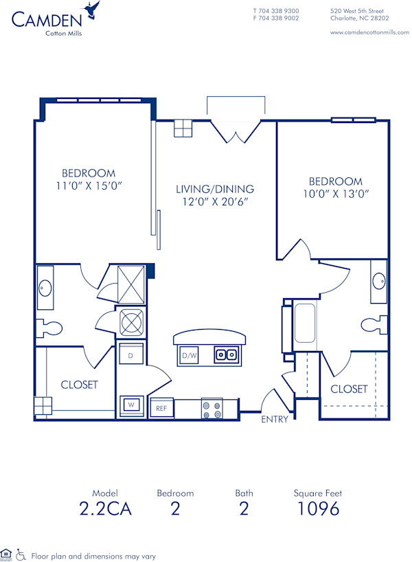 Blueprint of 2.2CA Floor Plan, 2 Bedrooms and 2 Bathrooms at Camden Cotton Mills Apartments in Charlotte, NC