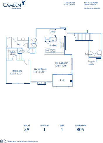 Blueprint of 2A Floor Plan, 1 Bedroom and 1 Bathroom at Camden Denver West Apartments in Golden, CO