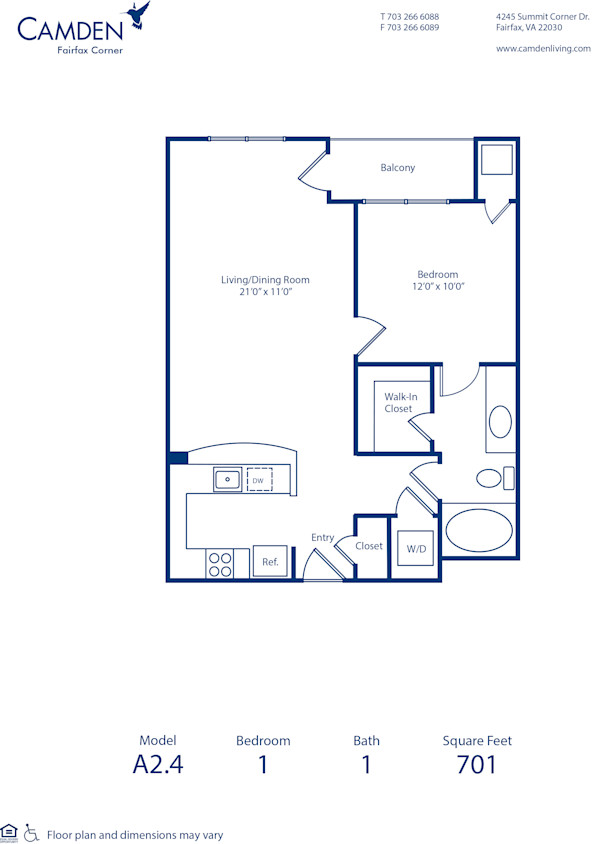 Blueprint of A2.4 Floor Plan, 1 Bedroom and 1 Bathroom at Camden Fairfax Corner Apartments in Fairfax, VA