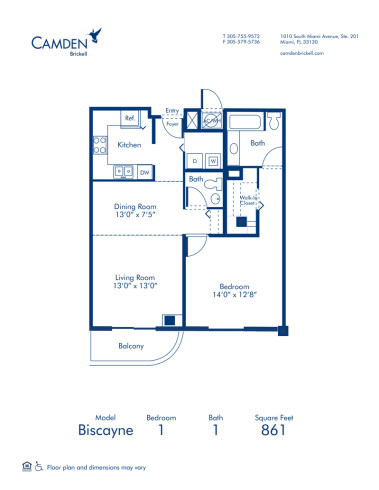 Blueprint of Biscayne Floor Plan, 1 Bedroom and 1.5 Bathrooms at Camden Brickell Apartments in Miami, FL