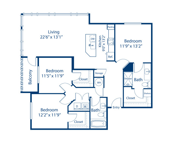 Blueprint of Hollywood Floor Plan, three bedroom and two bathroom apartment home at Camden Thornton Park Apartments in Orlando, FL