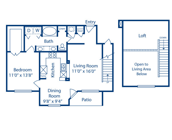 Blueprint of K2 Floor Plan, 1 Bedroom and 1 Bathroom at Camden Vanderbilt Apartments in Houston, TX