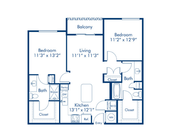 Blueprint of Gulf Floor Plan, two bedroom and two bathroom apartment home at Camden Thornton Park Apartments in Orlando, FL