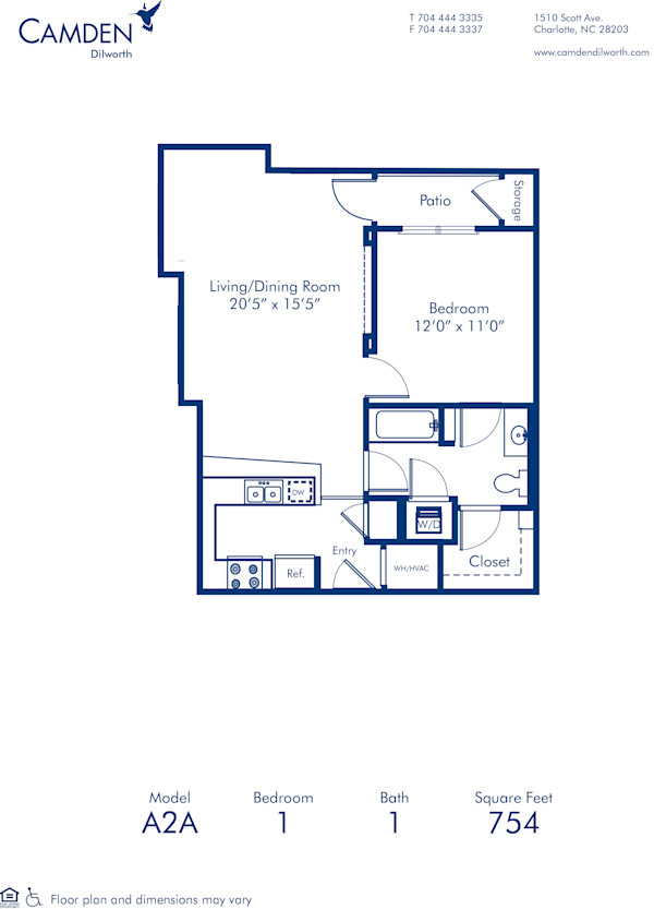 Blueprint of A2A Floor Plan, 1 Bedroom and 1 Bathroom at Camden Dilworth Apartments in Charlotte, NC