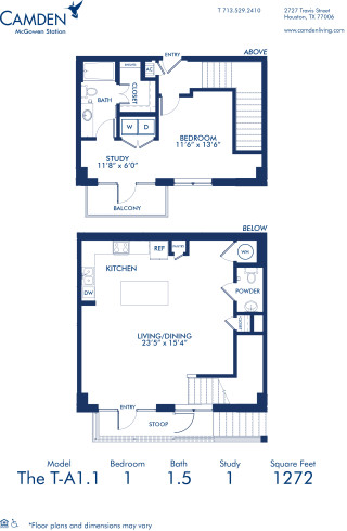 Blueprint of T-A1.1 Floor Plan at Camden McGowen Station One Bedroom Townhomes in Midtown Houston