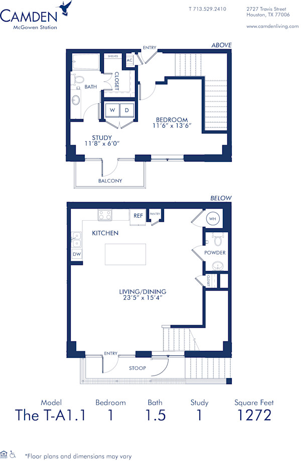 Blueprint of T-A1.1 Floor Plan at Camden McGowen Station One Bedroom Townhomes in Midtown Houston