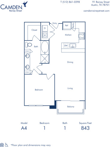 Camden Rainey Street apartments in Austin, TX one bedroom floor plan A4