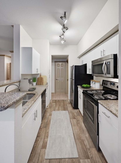Kitchen with stainless steel appliances at Camden Holly Springs Apartments in Houston, TX