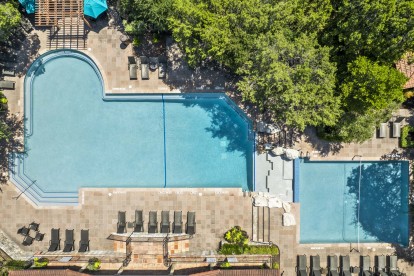 Aerial view of pool and sundeck at Camden Gaines Ranch