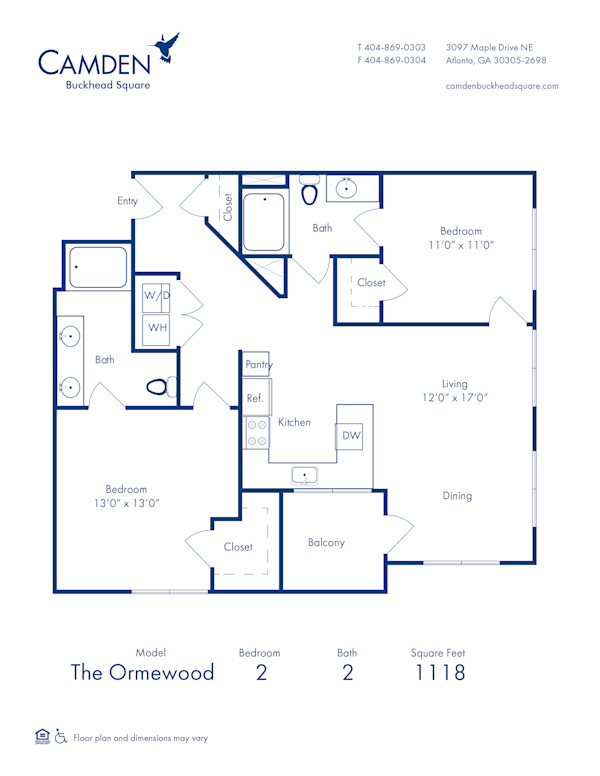 Blueprint of Ormewood Floor Plan, 2 Bedrooms and 2 Bathrooms at Camden Buckhead Square Apartments in Atlanta, GA