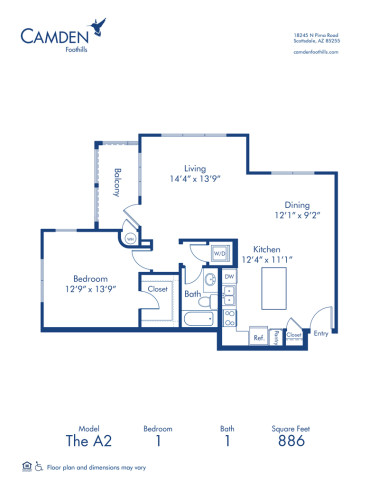 Blueprint of The A2 Floor Plan, 1 Bedroom and 1 Bathroom at Camden Foothills Apartments in Scottsdale, AZ