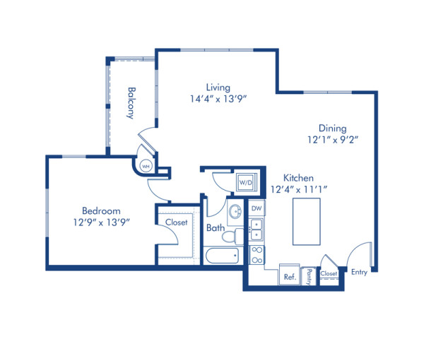 Blueprint of The A2 Floor Plan, 1 Bedroom and 1 Bathroom at Camden Foothills Apartments in Scottsdale, AZ