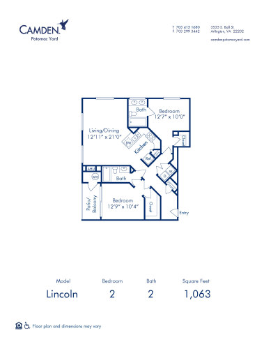 Blueprint of Lincoln Floor Plan, 2 Bedrooms and 2 Bathrooms at Camden Potomac Yard Apartments in Arlington, VA