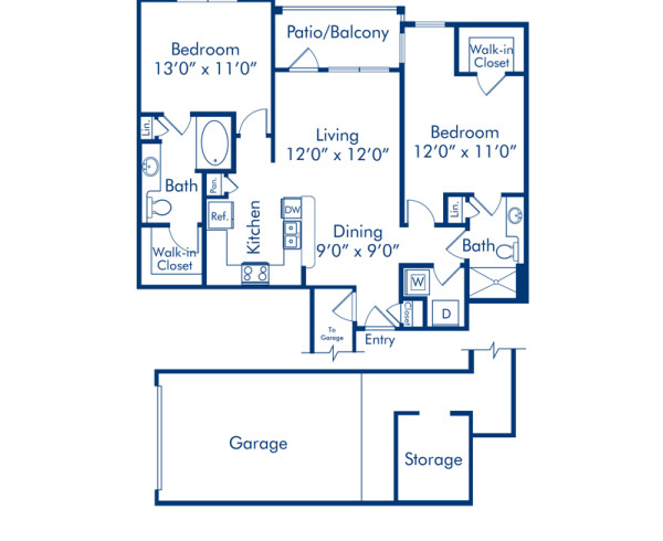 Blueprint of Alabama - G Floor Plan, 2 Bedrooms and 2 Bathrooms at Camden Cypress Creek Apartments in Cypress, TX
