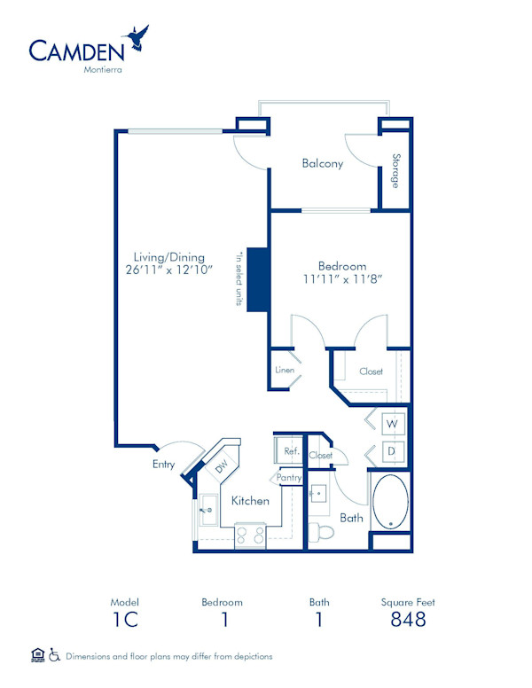 Blueprint of 1C Floor Plan, 1 Bedroom and 1 Bathroom at Camden Montierra Apartments in Scottsdale, AZ