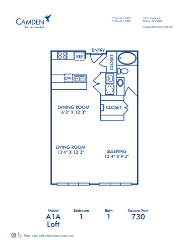 Blueprint of A1A - Loft Floor Plan, 1 Bedroom and 1 Bathroom at Camden Farmers Market Apartments in Dallas, TX