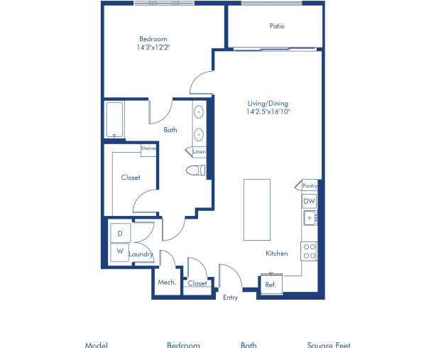 Camden Hillcrest apartments in San Diego, California one bedroom, one bath floor plan The A2