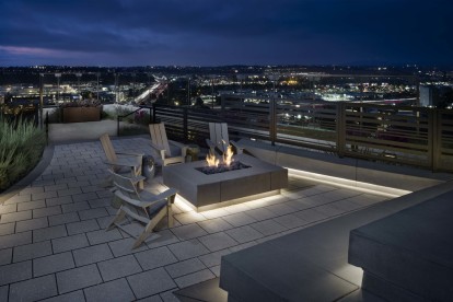 Camden Hillcrest Apartments San Diego CA lookout point with firepit at night overlooking Mission Valley