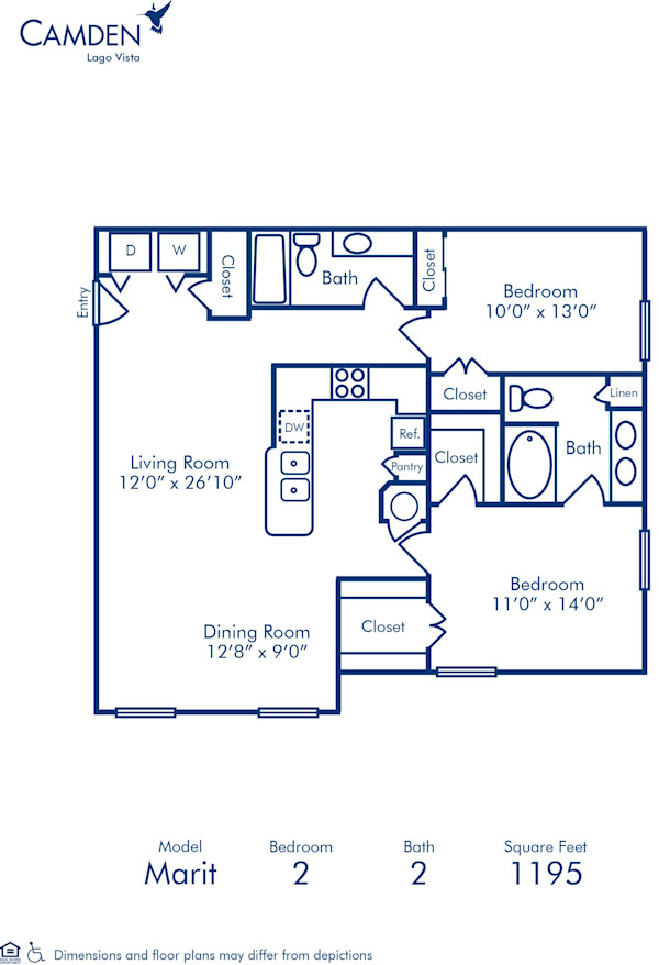 Blueprint of Marit Floor Plan, 2 Bedrooms and 2 Bathrooms at Camden Lago Vista Apartments in Orlando, FL