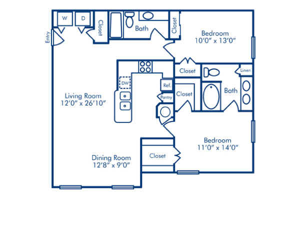 Blueprint of Marit Floor Plan, 2 Bedrooms and 2 Bathrooms at Camden Lago Vista Apartments in Orlando, FL