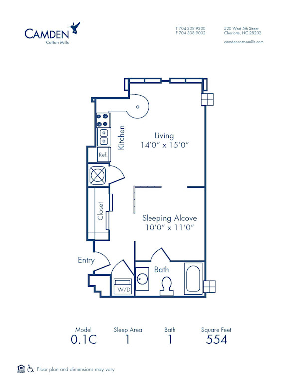Blueprint of 0.1C Floor Plan, Studio with 1 Bathroom at Camden Cotton Mills Apartments in Charlotte, NC