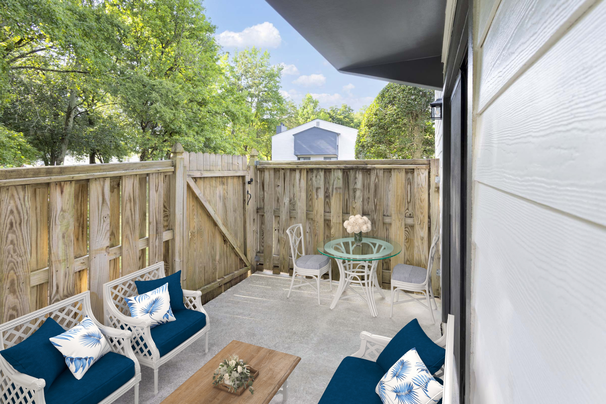 Classic style fenced outdoor patio