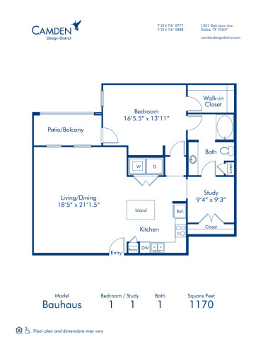 Blueprint of Bauhaus Floor Plan, 1 Bedroom and 1 Bathroom at Camden Design District Apartments in Dallas, TX