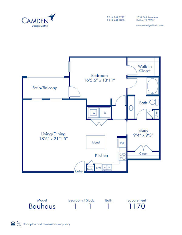 Blueprint of Bauhaus Floor Plan, 1 Bedroom and 1 Bathroom at Camden Design District Apartments in Dallas, TX