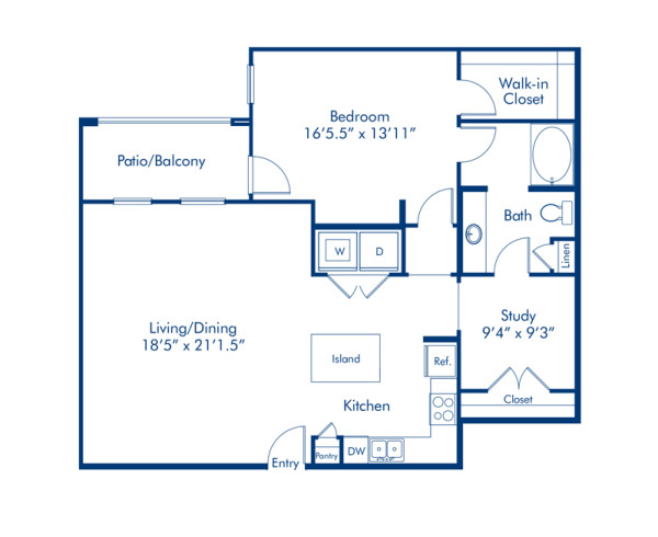 Blueprint of Bauhaus Floor Plan, 1 Bedroom and 1 Bathroom at Camden Design District Apartments in Dallas, TX