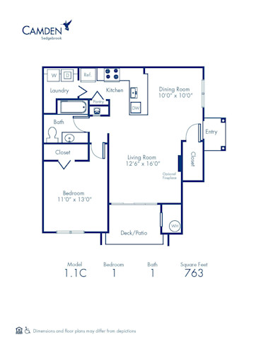 Blueprint of 1.1C Floor Plan, 1 Bedroom and 1 Bathroom at Camden Sedgebrook Apartments in Huntersville, NC