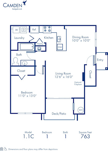 Blueprint of 1.1C Floor Plan, 1 Bedroom and 1 Bathroom at Camden Sedgebrook Apartments in Huntersville, NC