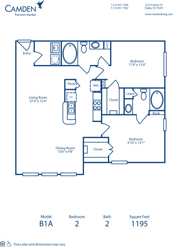Blueprint of B1A Floor Plan, 2 Bedrooms and 2 Bathrooms at Camden Farmers Market Apartments in Dallas, TX