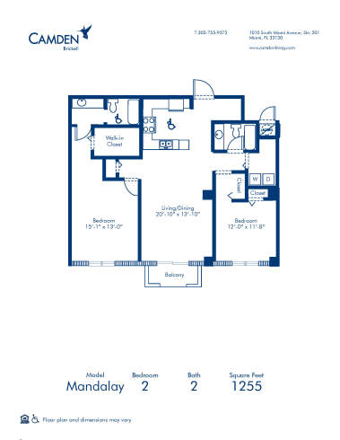 Blueprint of Mandalay Floor Plan, 2 Bedrooms and 2 Bathrooms at Camden Brickell Apartments in Miami, FL