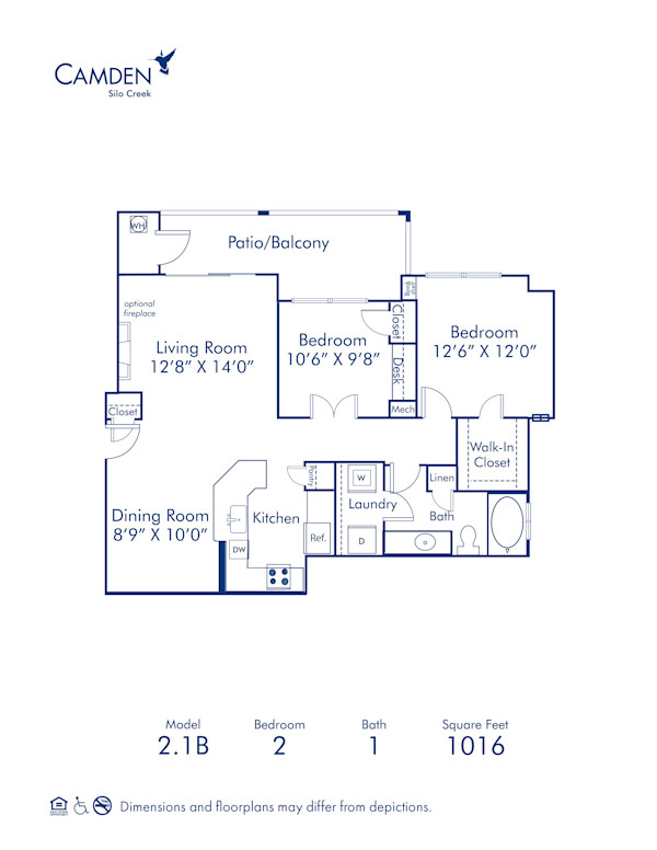 Blueprint of 2.1B Floor Plan, 2 Bedrooms and 1 Bathroom at Camden Silo Creek Apartments in Ashburn, VA