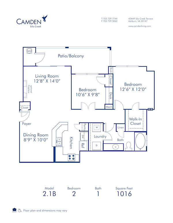 Blueprint of 2.1B Floor Plan, 2 Bedrooms and 1 Bathroom at Camden Silo Creek Apartments in Ashburn, VA