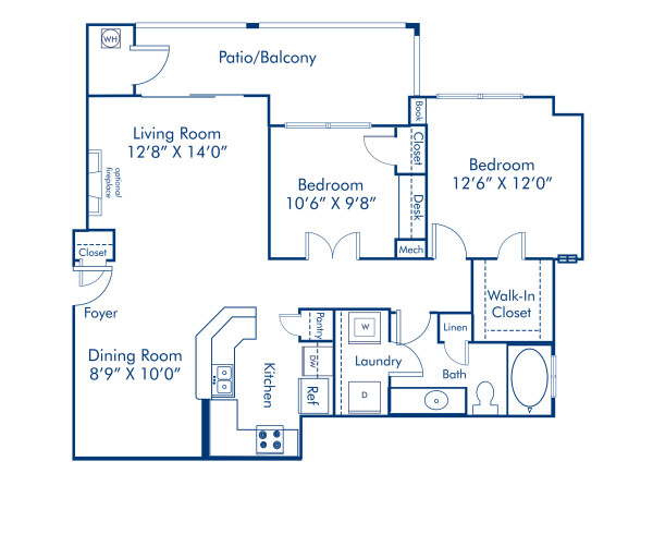 Blueprint of 2.1B Floor Plan, 2 Bedrooms and 1 Bathroom at Camden Silo Creek Apartments in Ashburn, VA