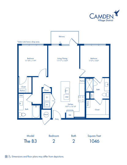 The B3 floorplan - two bedroom x two bathroom at Camden Village District in Raleigh, NC 