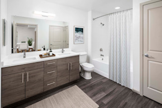 Spa-inspired bath with double-sink vanity at Camden Potomac Yard apartments in Arlington, VA