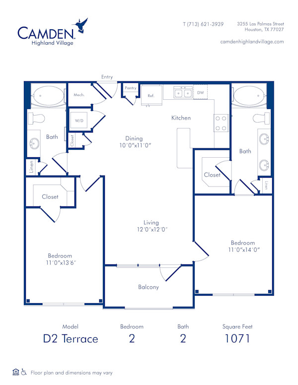 Blueprint of D2 Terrace Floor Plan, 2 Bedroom and 2 Bathroom at Camden Highland Village Apartments in Houston, TX