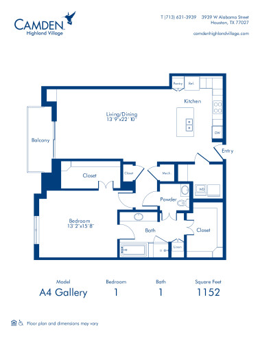 Camden Highland Village apartments in Houston, TX Gallery one bedroom floor plan A4f