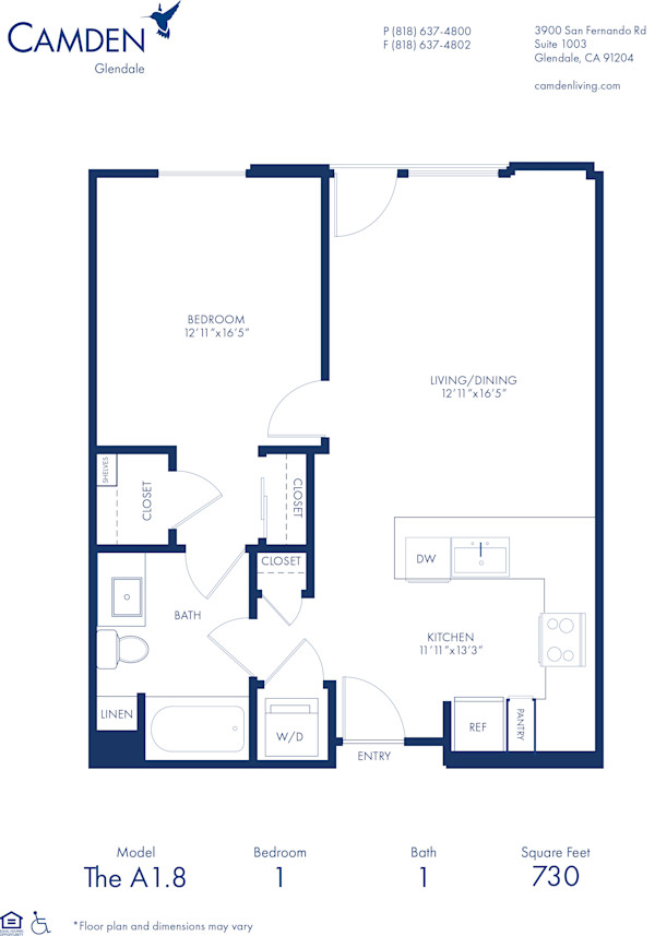 Blueprint of A1.8 Floor Plan, 1 Bedroom and 1 Bathroom at Camden Glendale Apartments in Glendale, CA