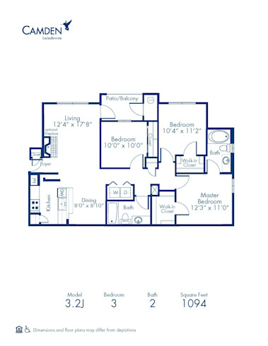 Blueprint of 3.2J Floor Plan, 3 Bedroom and 2 Bathroom at Camden Lansdowne Apartments in Lansdowne, VA