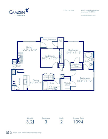 Blueprint of 3.2J Floor Plan, 3 Bedroom and 2 Bathroom at Camden Lansdowne Apartments in Lansdowne, VA