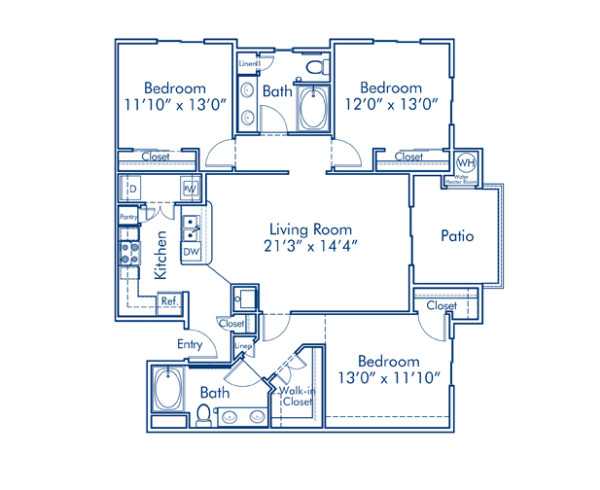 Blueprint of C1 Floor Plan, 3 Bedrooms and 2 Bathrooms at Camden Old Creek Apartments in San Marcos, CA