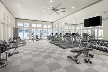 24-hour fitness center overlooking the pool at Camden La Frontera