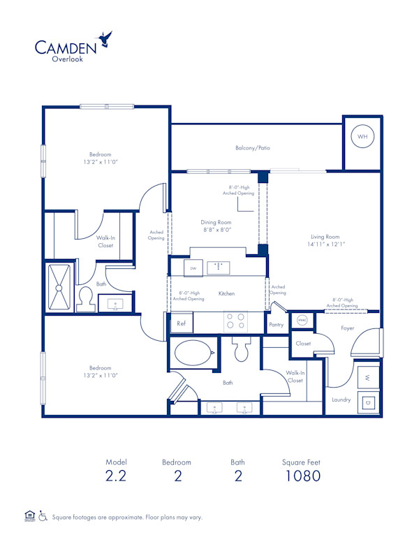 Blueprint of 2.2 Floor Plan, 2 Bedrooms and 2 Bathrooms at Camden Overlook Apartments in Raleigh, NC