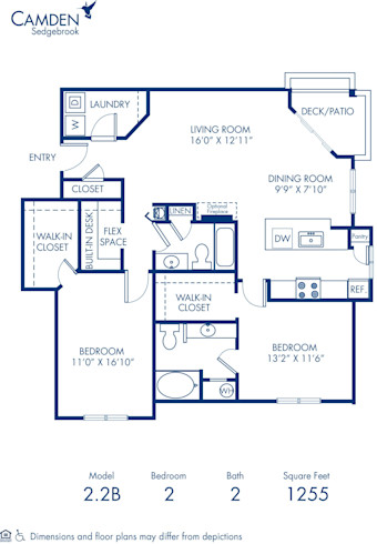 Blueprint of 2.2B Floor Plan, 2 Bedrooms and 2 Bathrooms at Camden Sedgebrook Apartments in Huntersville, NC